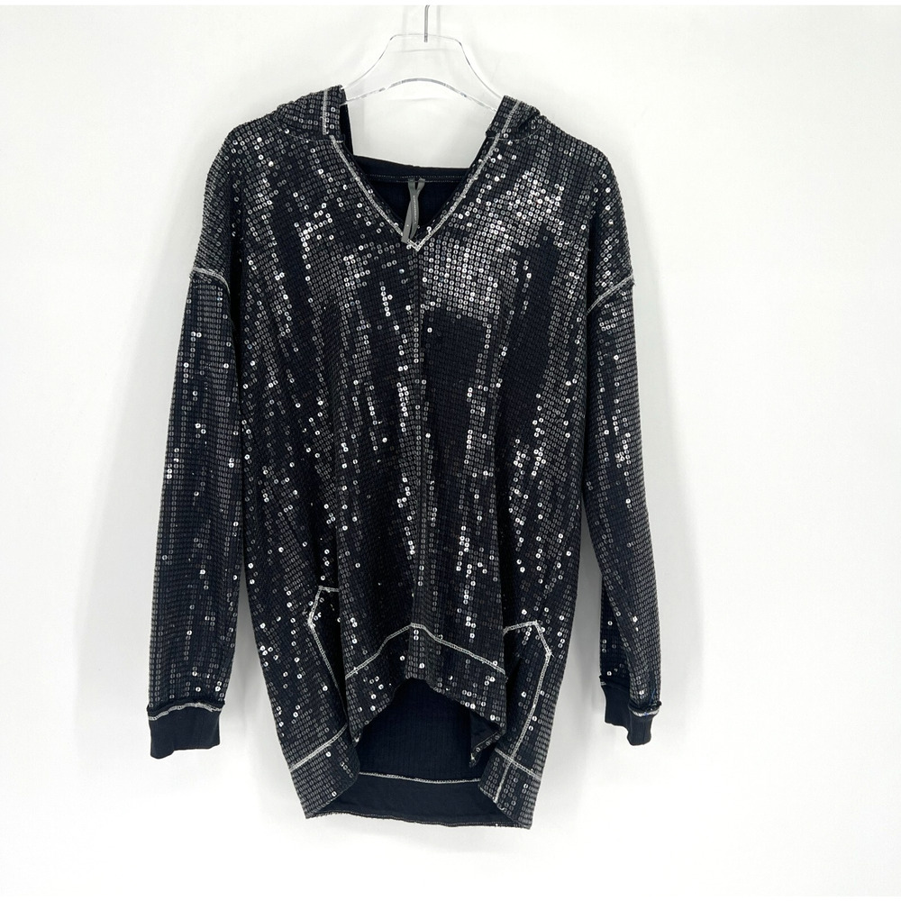 Anthropologie Sweatshirt Womens S Sequin Black Hoodie‎ Festival Party Sparkle